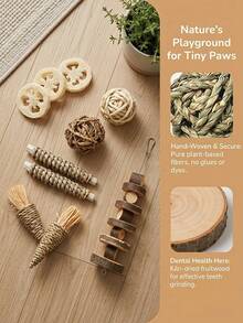 2/4/7/12 Pcs Small Pet Chew & Molar Toy Set, Brown Loofah & Herb Chewing Molar Cage Accessories For Hamsters, Rabbits, Guinea Pigs, Relieve Boredom, Small Pet Gift For Halloween, Birthday & Holiday - A - View 4