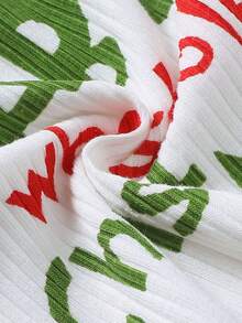 Baby Girl Christmas Cute Santa Claus Round Neck Double Layer Bell Sleeve Print Romper And Bowknot Santa Claus All-Over Print Bell Leggings Set With Headband - White - View 9
