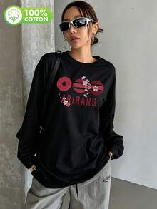 Plus Size Black Loose Fit T-Shirt, Regular Length Knit Round Neck Top, Casual Wear Vacation - Black - View 7