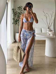 HOTTIE HABIT Women's Blue Tie Dye Triangle 3 Pieces Bikini Set, High Cut Ruched Cover Up Skirt, Summer Beach Pool Vacation - Mauve Purple - View 1