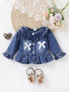 Girls' Cute Ruffle Trim Round Neck 3D Bow Decor Denim Jacket, Small Bow & Heart Print Bell Sleeve Pleated Hem Denim Cardigan - Royal Blue - View 1
