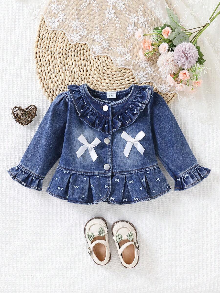 Girls' Cute Ruffle Trim Round Neck 3D Bow Decor Denim Jacket, Small Bow & Heart Print Bell Sleeve Pleated Hem Denim Cardigan - Royal Blue - View 1