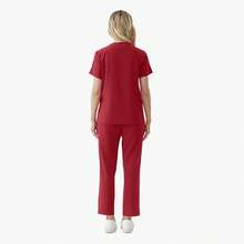 Conjunto 2 Piezas Uniforme Médico para Dama, Top Escote en V Manga Corta con Pantalón Cintura Elástica y Cordón, Ropa de Trabajo Stretch Transpirable para Enfermería, Clínica Dental - Rojo - Ver 5