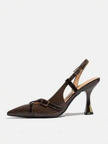 Women's Metal Buckle Cross Strap Slingback Pointed Toe Chunky Heel High Heel Pumps Elegant Dark Brown Mirror Patchwork Low Vamp Shoes Suitable For Party Daily Wear Spring Summer Autumn Winter - Coffee Brown - View 5