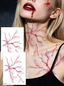 2Sheets Large Halloween Realistic Blood Vein Temporary Tattoos, Horror Fake Scar Stitch Wound Face Body Tattoo Stickers For Zombie Cosplay Face Body Makeup - Red - View 2