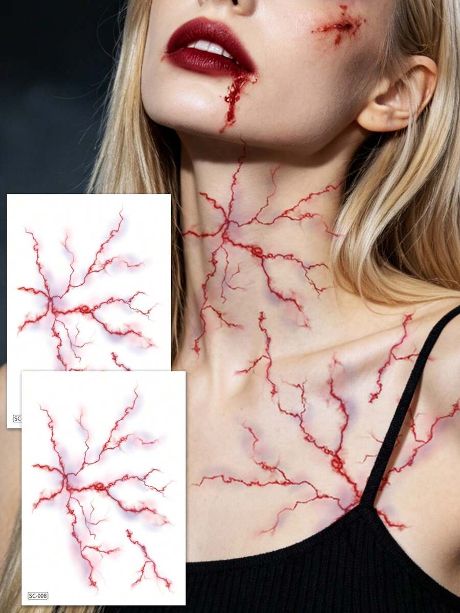 2Sheets Large Halloween Realistic Blood Vein Temporary Tattoos, Horror Fake Scar Stitch Wound Face Body Tattoo Stickers For Zombie Cosplay Face Body Makeup