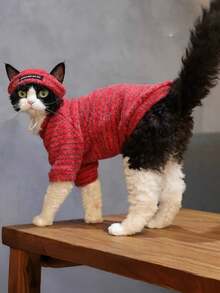 1pc Pet Cat Clothes Autumn/Winter Warm Fleece Two-Legged Outfit For Devon Rex Hairless Cat, Siamese Cat, Cute Striped Home Wear, New Warm Two-Legged Cat Clothes - Red - View 6