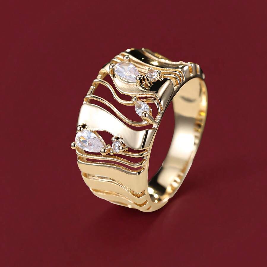 1pc Women's Personalized Wide Band Hollow Line Design Ring With Cubic Zirconia - Multicolor - View 1