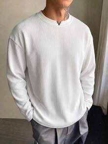 Blueprint Man 1pc Men's White Long Sleeve T-Shirt, Vertical Ribbed Ribbed Texture Fabric, 260g/M² Heavyweight Fabric, Minimalist Pullover T-Shirt, Crew Neck With Small V-Neck Detail, Solid Color Minimalist Style, Daily Commute, Casual Outings, Old Money Style - White - View 3