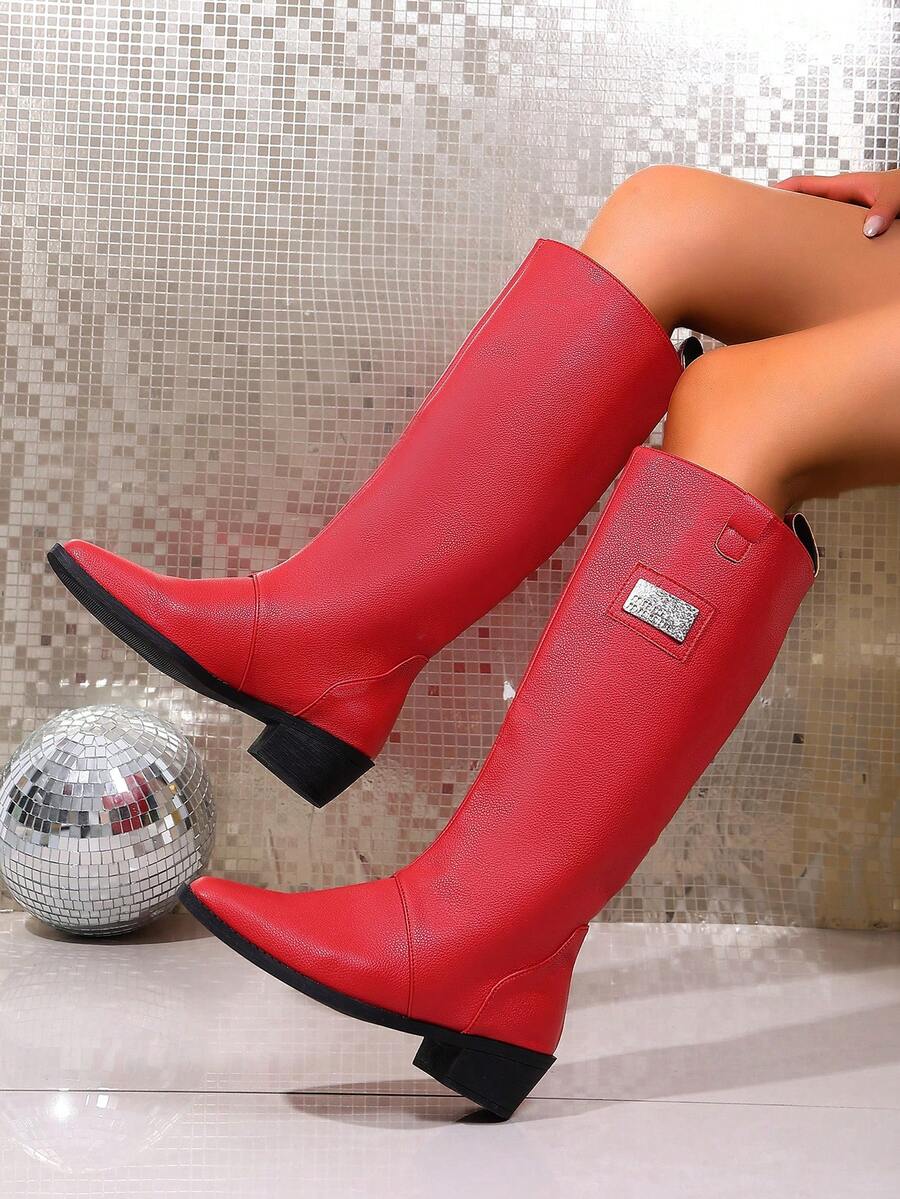 Women's Chunky Heel Knee-High Boots With Pointed Toe And Fashion Metal Decor - Red - View 1