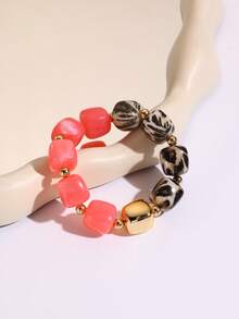 Leopard Print Contrast Color Square Bead Elastic Bracelet, Bohemian Style Colorful Beaded Women's Party & Vacation Hand Accessory - Peach Pink - View 1