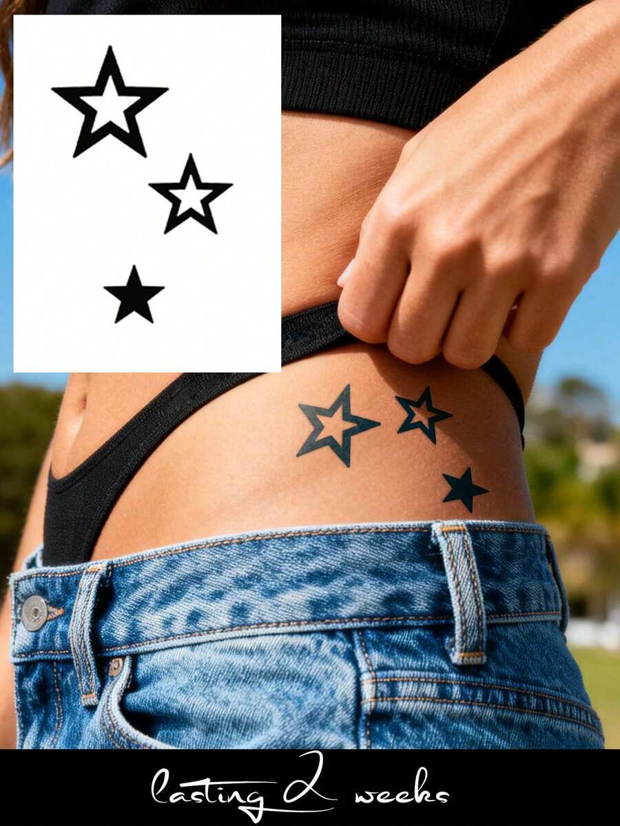 Herbal Juice Semi-Permanent Tattoo Sticker, Minimalist Star Pattern, 14 Days No Fading, Music Festival Party Gift, Temporary Tattoo Sticker For Arm, Shoulder, Neck, Collarbone, Waist, Abdomen, Body, 1pc/Pack - Blue - View 1