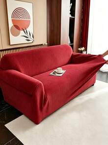 1PC Christmas Holiday Burgundy Vertical Striped Jacquard Fleece Sofa Cover, 3D Straight Texture Pleated Hem Full Coverage Sofa Protector, Soft & High Elasticity, Machine Washable, Dry Cleanable, Hand Washable, Living Room Holiday Sofa Cover, Suitable For 1/2/3/4 Seater Sofa, Spring/Summer/Autumn/Winter All Seasons - Red - View 8