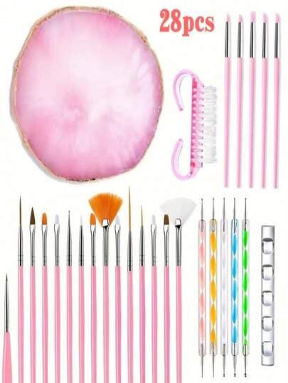 28 Pcs Nail Art Tool Kit Nail Brushes Dotting Pens Silicone Embossing Sticks Cleaning Brush And Palette For Diverse Nail Surface Creation