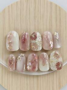 10pcs Handmade Press-On Nails, Long Oval Shape, Y2K Style, Premium Pink & White Gradient, Gold Flower & Shell Design With Hand-Painted Gold Lines And Pearl Decor, Pink & Gold Nails, Suitable For Daily Wear - Red and White - View 6