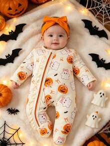 1pc Newborn Baby Girl Cute Comfortable Soft Long Sleeve Pumpkin Print Bodysuit With Headband Thin Spring Autumn Halloween Outfit - Apricot - View 2