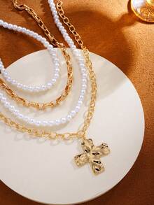 4pcs Vintage Fashion Gothic Punk Style Multi-Element Metal Cross Pendant & Layered Faux Pearl Beaded Necklace Set, Suitable For Men's Daily Wear, Party Decoration, Outfit Matching Charming Jewelry Set - Yellow Gold - View 3