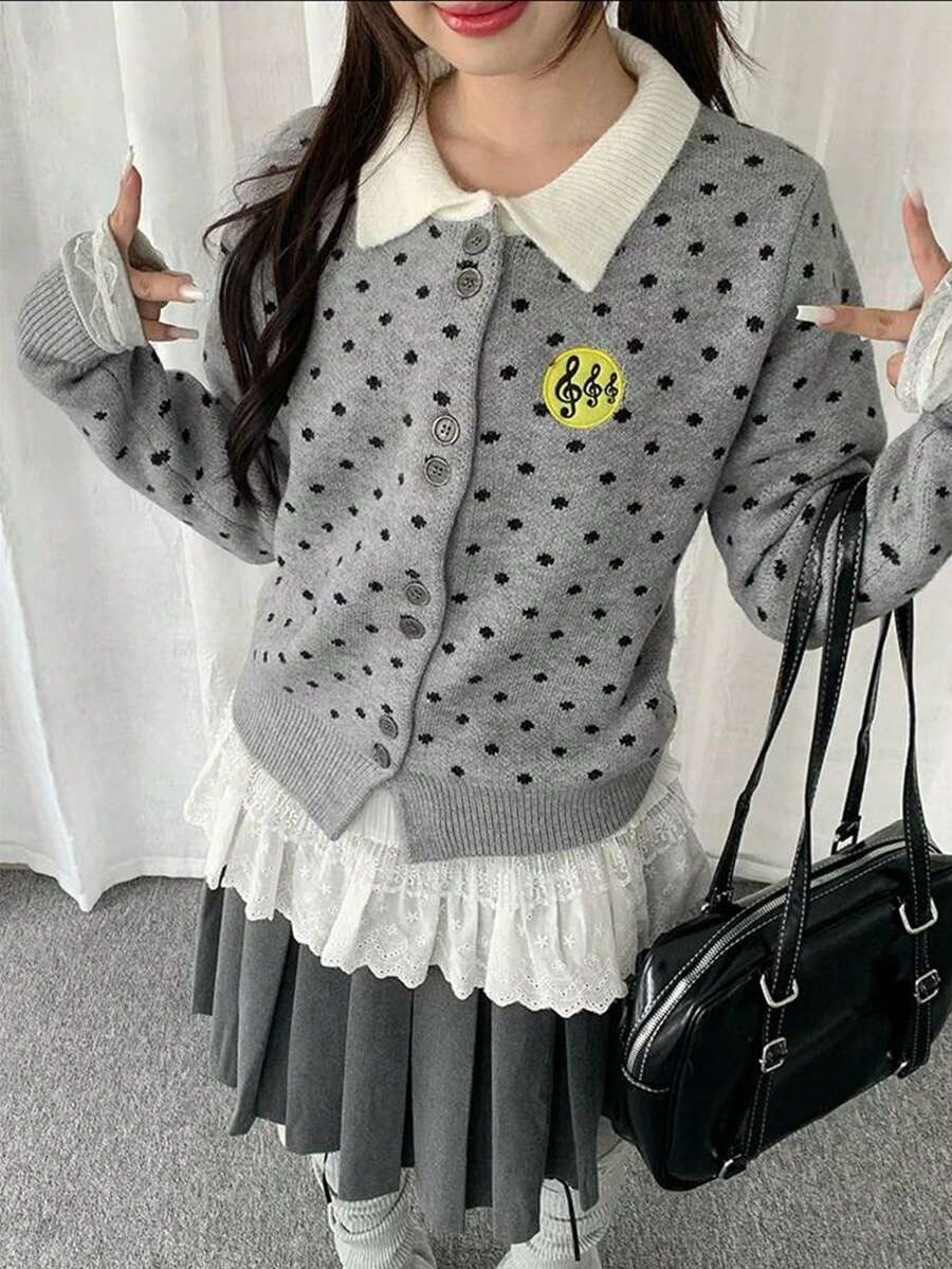 Women's Polka Dot & Musical Note Applique Embroidered Knit Cardigan, Early Autumn Lapel Button-Up Top - Grey - View 1