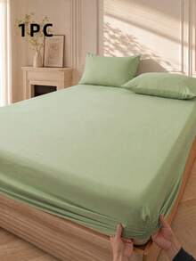 1pc Solid Avocado Green Fitted Sheet, Mattress Protector, Soft & Breathable, Single, Double, King, Queen Size. Fitted Sheet Depth Up To 11.8 Inches, Breathable, Wrinkle-Resistant, Machine Washable. Dorm Bedding Back To School - Sprout Green - View 5