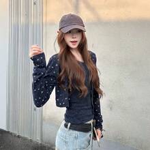Floral Knit 2 Pieces Set Black & Grey Autumn/Winter Gorgeous Short Knit Cardigan & Tank Top - Navy Blue - View 4