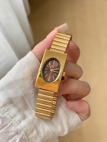1件優雅咖啡色橢圓錶盤金色長方形錶殼女士石英手錶，條形刻度，適合日常配戴 - 金色 - 查看 3