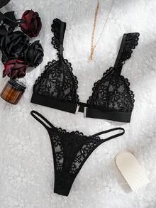 Women's Front Closure Deep V Neck Lace Bra Set Black Thin Cup Design Wireless Sexy Bra And Thong - Black - View 7