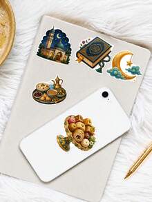 50Pcs Ramadan Fairy Tale Under Moonlight Stickers, Watercolor Fairy‑Tale Style Ramadan Characters And Cultural Ornament Illustrations, Gorgeous Gilded Retro Texture, Decorate For Journal, Water Bottle, Luggage, Phone Case, Storage Box - Multicolor - View 7
