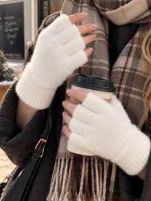 Women's Soft Faux Mink Fur Fingerless Gloves, Warm Thermal Lined Winter Half-Finger Gloves, Open Finger Design For Typing, Writing And Phone Operation, Non-Shedding Comfortable Knitted Hand Protection, Multiple Solid Colors, Suitable For Home, Office, Study And Daily Cold Weather Wear - Multiple Styles - View 5