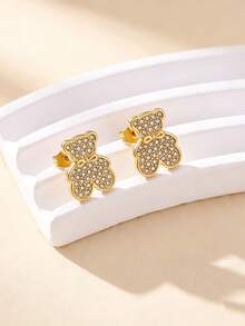 1 Set Stainless Steel Sweet Cool Style Full Rhinestone Teddy Bear Necklace & Earrings, Suitable For Women's Daily Wear And Girlfriend Gift - Gold - View 2