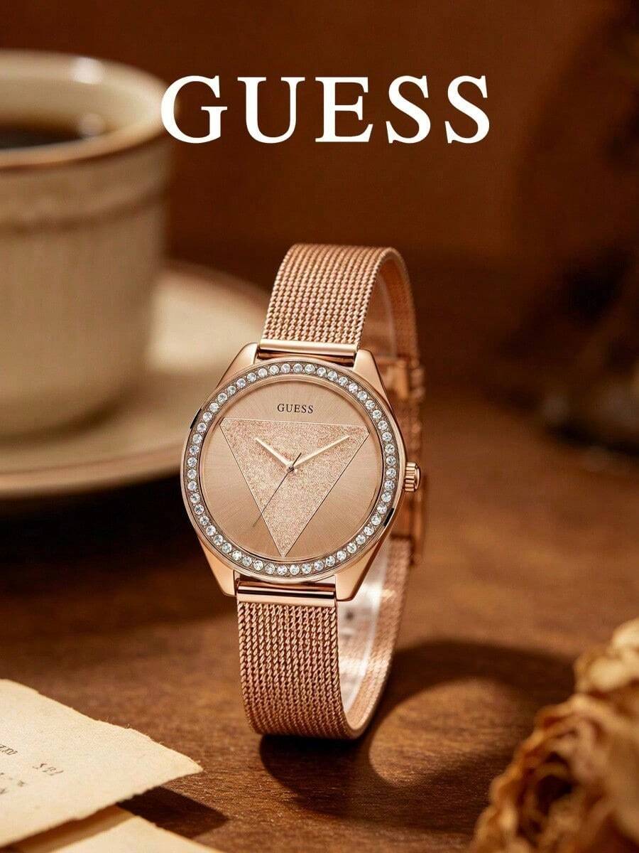 ساعة GUESS ذهب وردي للنساء مع إطار مرصع بالألماس وسوار من الفولاذ الشبكي - زهر ذهبي - مشاهدة 1