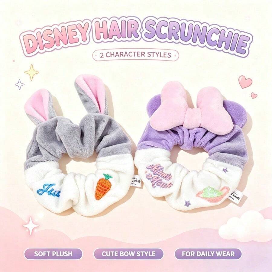 Mesuca Disney Judy & Minnie Plush Hair Scrunchie, Embroidered Decor Soft Fluffy Hair Tie With 3D Ear Bow Detail Elastic Hair Accessory For Daily Hairstyle 1 Piece, 2 Styles Available - Multicolor - View 1