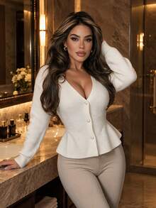Vexica Women's Sexy White Ribbed Peplum Cardigan, V Neck Button Front Long Sleeve Sweater For Night Out, Daily And Fall - White - View 1