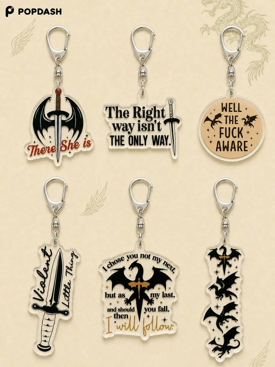 1/6Pcs Fourth Wing Novel Dragon Emblem Quote Acrylic Keychain Set, Dragon Rider Book Fan Bag Charm - Multicolor - View 1