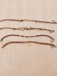 4pcs Vintage Bohemian Style Resin Woven Seed Bead Gold Star Pendant & Small Bell Decor Layered Bracelet Set, Suitable For Women Daily Wear, Autumn, Cafe, Travel, Photography, Gift - Brown - View 5