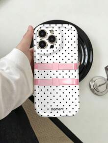 1pc White Background Black Polka Dot Dual Pink Bow Moment Letter Wavy Border Phone Case, Glossy Print Raised Camera Ring Full Coverage Airbag Shockproof Soft Shell, Compatible With 11-18 All Series Models, Sweet Girl Korean Style Ins Niche Phone Protective Cover - Apricot - View 1