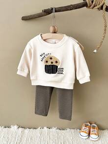 2pcs/Set Baby Boy/Girl Harly Cake Letter Embroidered Sweatshirt And Striped Elastic Waist Pants Outfit, Autumn/Winter - Apricot - View 13