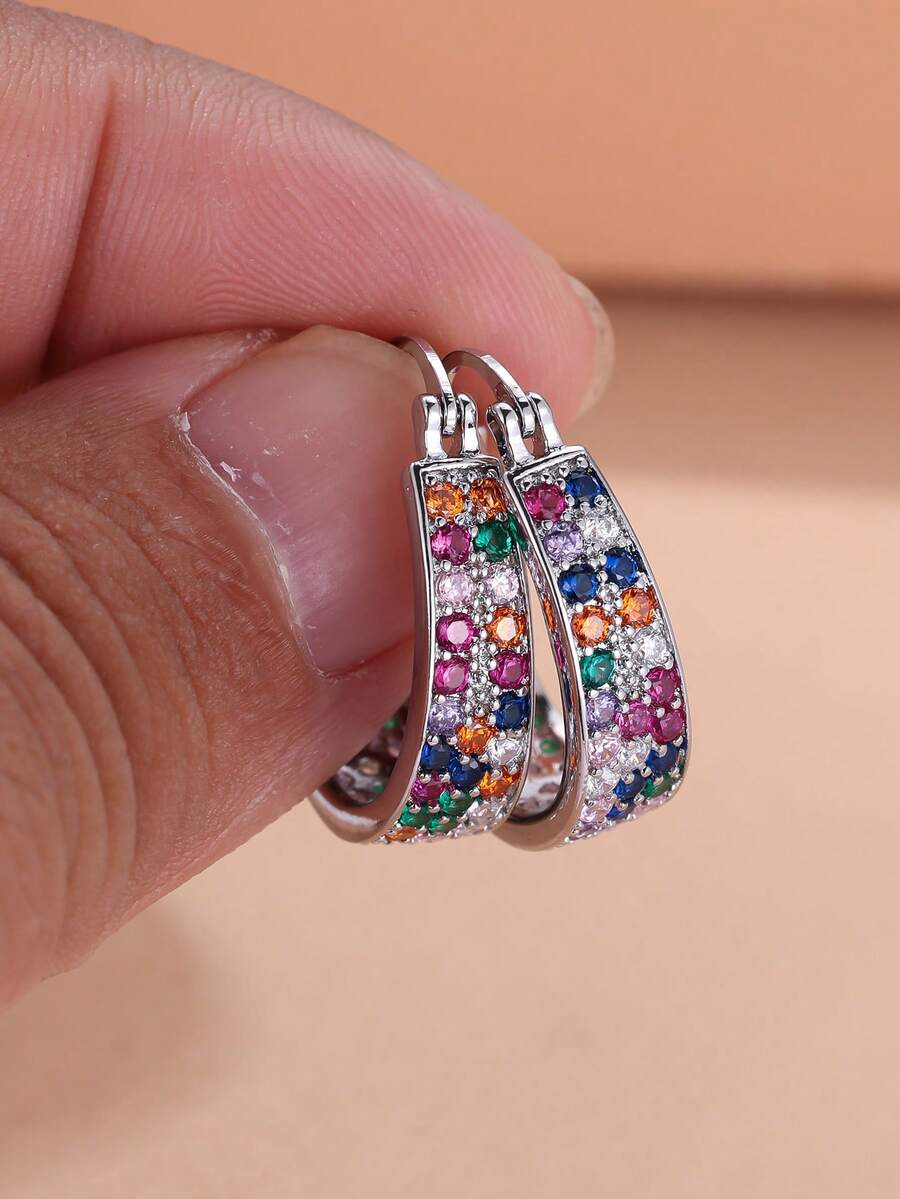 1 Pair Of Vibrant, Full-Set Colorful Zirconia Square Women's Earrings-Perfect For Everyday And Party Wear, And A Great Accessory For Outings - Silver - View 1