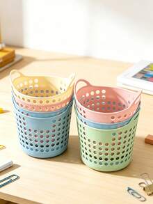 Mini Plastic Storage Basket Set With Handles, Macaron Color Hollow Desktop Organizer Baskets, Lightweight Portable Multipurpose For Storing Stationery, Cosmetics, Bathroom Supplies, Kitchen, Office, Bedroom, Closet And Holiday Gifts - Multicolor - View 4