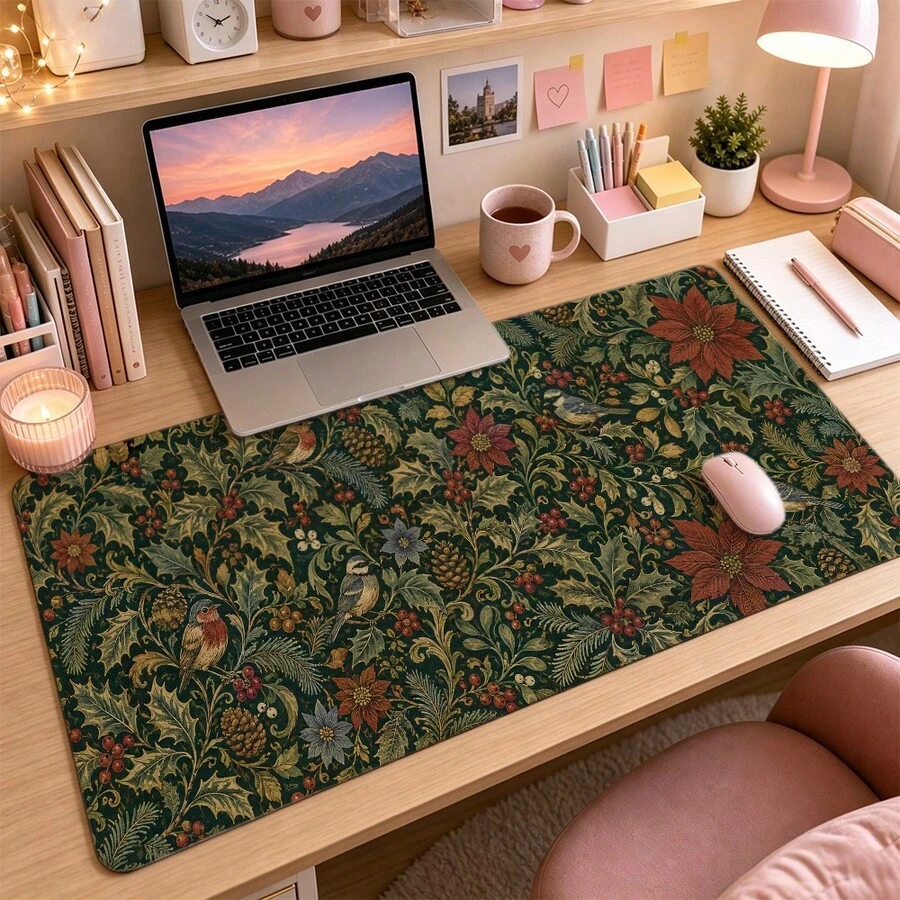 Holly Poinsettia Large Mouse Pad, Vintage Christmas Desk Mat, Extended Keyboard Pad , Polyester Surface With Rubber Base For Gaming, Home Office, Winter Decor And Festive Holiday Gifts 3 Sizes Available - View 1