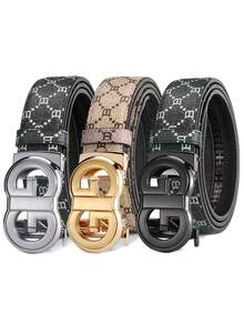 Men's Automatic Buckle Belt, Retro Printed Belt With Letter B, Luxurious Gold G-Buckle, Jeans Fashionable Formal Belt - Multicolor - View 1