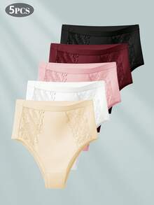 XGDFAY 5pcs/Pack High Waist Tummy Control Side Lace Patchwork Women's Panties, Hip-Flattering Solid Color Triangle Briefs Set - Multicolor - View 5
