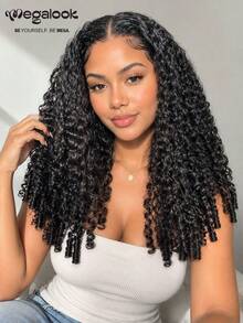 MEGALOOK All In 1 3D Lace Half Wig 180% Density Burmese Curly Natural Color Glueless Drawstring Wig 100% Human Hair Pre-Cut Lace Pre-Bleached Knots Beginner Friendly - SNatural - View 2
