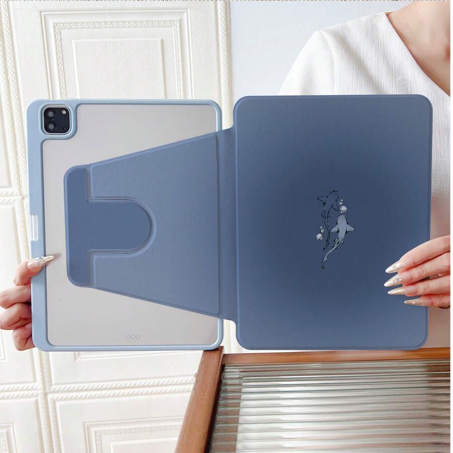 1件純色灰藍極簡線條藝術鯨鯊360°可旋轉平板保護殼，相容 iPad 11/A16/10代/Air4/5/6/Pro 12.9，相容 Galaxy Tab A8/A9 Plus/S6 Lite/S7/S9FE PLUS，相容小米，適合工作、旅行與居家使用，相容 OPPO Pad，相容 MatePad，相容 Vivo Pad，相容 Honor Pad，相容 Pad