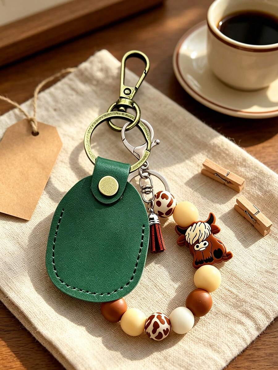 Cute Retro Style Highland Cattle Bead Bracelet PU Leather Keychain, Access Card Holder Tassel Decor Bag, Charm Car Key Ring Gift, Unisex, Daily Essential, Birthday, Ramadan, Christmas Gift - Multicolor - View 1