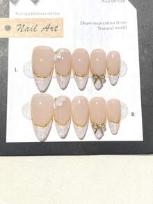 10pcs Handmade French Short Nail Stickers. This Artificial Nail Set Includes Various Colors Such As White, Pink, Gold, Blue And Yellow, With Cute And Charming Designs. Press On Nails - White - View 2