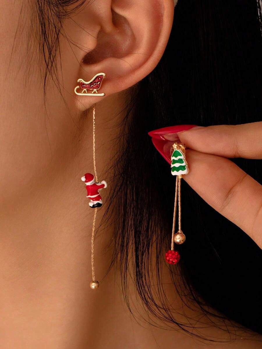 Christmas Earrings Creative Versatile Fashion Popular, Climbing Tree Design, Santa Claus Theme Asymmetrical Holiday Outfit Perfect Gift - Santa Climbing Tree - View 1