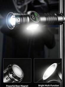 ZKBBO 1pc Rechargeable LED Flashlight, Laser Beam Technology, High Power Tactical Flashlight, Digital Battery Display, COB Side Light, Magnetic Base, Portable Camping Hiking Emergency Flashlight - Black - View 4