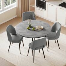 Modern White Marble Extendable Kitchen Table With Corduroy Upholstered Chairs For Dining Room, Kitchen - Grey Table + Grey Chair - View 11