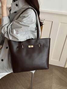 Casual Handheld Underarm Tote Bag, Solid Color, Cross-Border 2026, Large Capacity PU, Women's Fashion Minimalist Shoulder Bag - Coffee - View 6