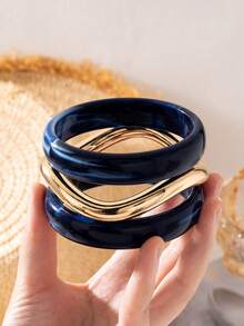 Juego de 3 piezas de pulseras de acrílico vintage exquisitas, diseño cilíndrico de moda adecuado para uso casual diario, accesorio de moda para mujeres, material de acrílico sin incrustaciones, adecuado para todo el año para uso diario, fiestas y ocasiones de vacaciones, regalo para mujeres. - Conjunto de pulseras minimalistas azules - Ver 3